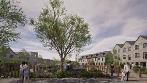 Artist's impression of the proposed housing development on the site of what was Clasper Village. Properties of different sizes and designs can be seen, while a landscaped area with a tree sits in the foreground. A number of people are walking by.