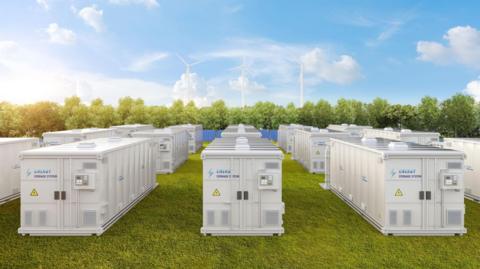 A generic image of a row of battery storage units, they are white and read "Energy Storage".