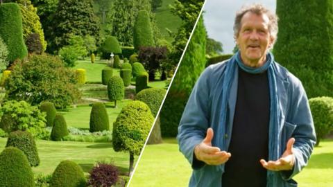 A split image of Monty Don in a garden and a colourful garden.