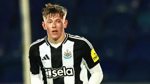 Jay Turner-Cooke in action for Newcastle United's Under-21 side in the EFL Trophy in 2024