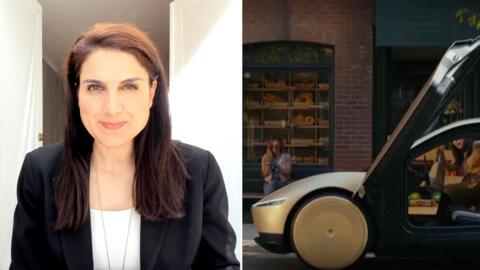 The 91ȱ's Lily Jamali is on the left of a split screen with a driverless Tesla taxi on the right