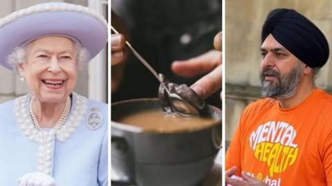 An edited image shows Queen Elizabeth II, a cup of tea and a man wearing a turban 