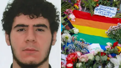 A split image of the suspect on the left and a Pride flag on the right