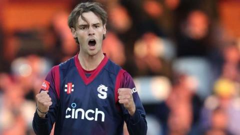 Freddie Heldreich celebrates taking a wicket for Northants in the T20 Blast