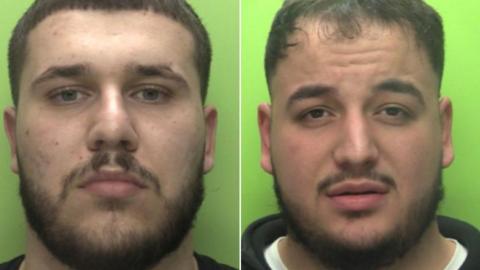 A composite image of two police custody shots of two men with beards