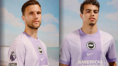 A split image of Joel Veltman and Yasin Ayari wearing the new Brighton strip