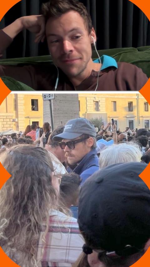 A split screen image showing Harry Styles on a video call and him amongst a crowd in Rome with sunglasses and a hat