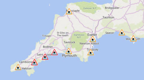 A screenshot from the Environment Agency flood map from its website. It shows the south west area.