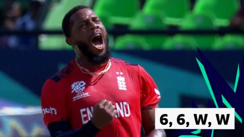 England's Chris Jordan reacts after taking a wicket