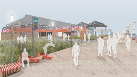 An artist's impression of the community hub on the old meat market site, showing people walking past via the linear park and milling around the building