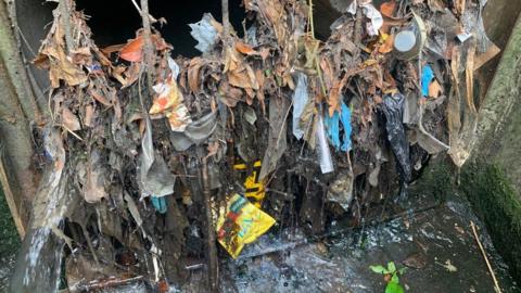 Marnham Field outfall shows leaves and other waste trapped on a metal grille.