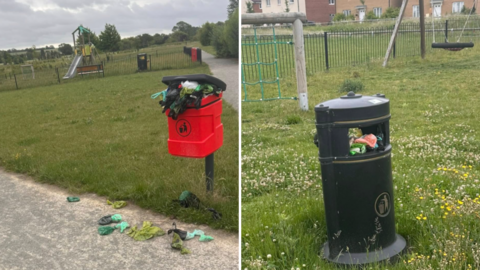 Two pictures side by side. On the left a red dog waste bin is overflowing with poo sacks with a children's playground in the background. On the right there is a black general waste bin overflowing with rubbish. There are houses and play equipment in the background.