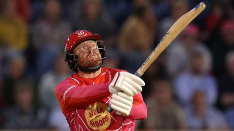 Welsh Fire batter Jonny Bairstow hits a shot