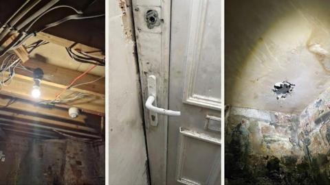 A composite of three photos showing exposed cables in a ceiling, mould on doors, and a hole in the ceiling.