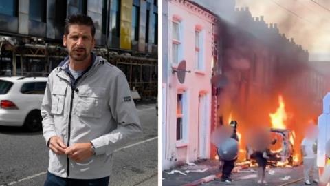 Dan Johnson split screen with burning house.