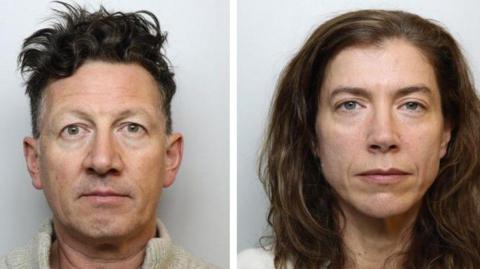 Two police custody photos side by side, with James Owen on the left and Ellen Rea on the right.