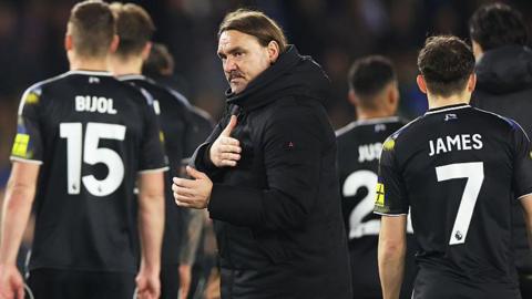 Daniel Farke, Manager of Leeds United, looks dejected after the team's defeat