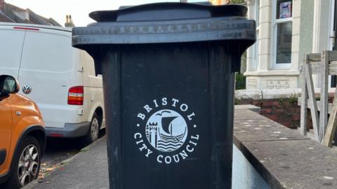 A row of green and black wheelie bins on a pavement outside houses.