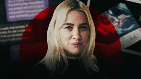 A head-and-shoulders shot of a woman with medium length blonde hair looking towards the camera. The background is a composite featuring blurred out text messages, a pregnancy test and a scan photo.