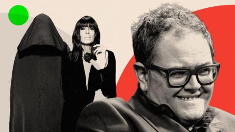 A treated image showing Claudia Winkleman for the show The Traitors, with Alan Carr also pictured to the side
