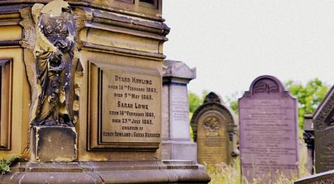 A cemetery with headstones. In the foreground is a large monument with damaged angels on it.