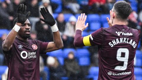 Hearts' Elton Kabangu and Lawrence Shankland