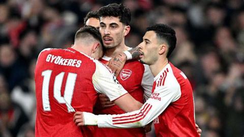 Kai Havertz celebrates scoring for Arsenal against Karait Almaty with Viktor Gyokeres and Gabriiel Martinelli