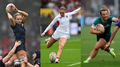 There are three images. Left to right: 
Eva Donaldson of Scotland looks to pass the ball from a lineout. She is being held up in the air by her team mates.
Holly Aitchison of England kicks a conversion.
Aoife Dalton of Ireland runs with the ball whilst under pressure from a French player