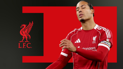 Virgil van Dijk looking frustrated, in front of a red and black background and the Liverpool club badge