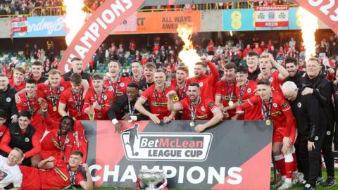 Cliftonville celebrate winning the Bet McLean Cup