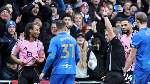 Leicester City's Bobby De Cordova-Reid is shown a red card during the 2-1 defeat at Birmingham City