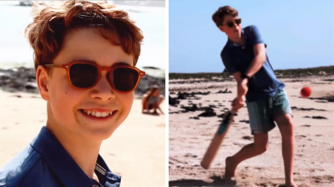 Composite image of screenshots from a video of Prince George on the beach in Cornwall. In the left image he is seen smiling at the camera while wearing a blue polo shirt and red sunglasses. In the right picture he is seen holding a cricket bat as a ball comes towards him
