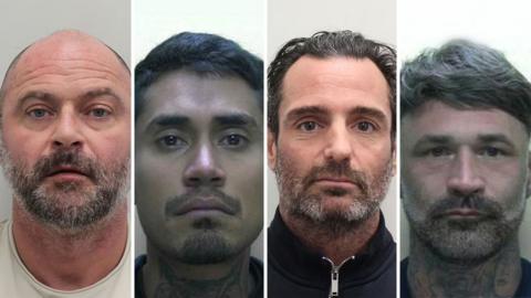 Mugshots of four men with beards.