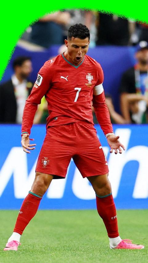Cristiano Ronaldo with his signature celebration after scoring for Portugal against Uzbekistan in the 2026 World Cup.
