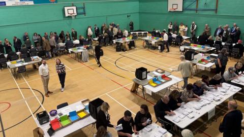 A sports hall where an election count is taking place.