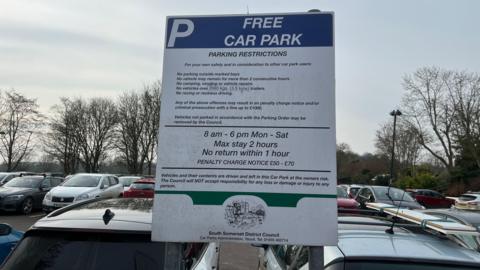 The picture shows a car parking sign in Langport, Somerset. The sign says "Free Car Park" and there are cars and trees in the background.