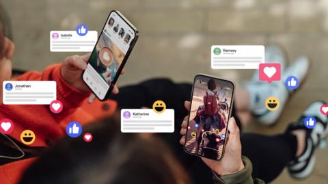 Two hands holding their smartphones, connecting with social media, leaving comments, sending messages and sharing photos