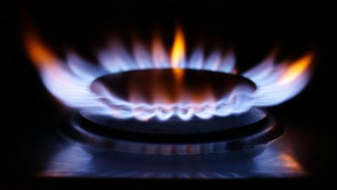 A close up of a lit ring on a gas hob. 