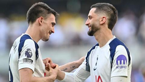 Joao Palhinha and Rodrigo Bentancur congratulate each other after the full-time whistle