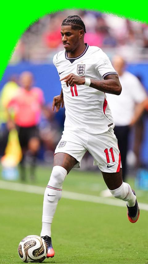 Marcus Rashford running across the pitch as England play France in the 2026 World Cup.