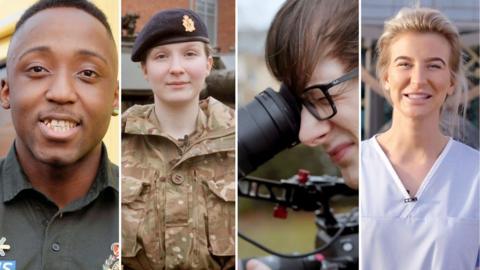 Montage of four young people at work: A paramedic, a soldier, a video camera operator and a dental nurse.