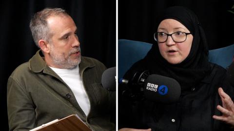 Left, a man in a green jacket holds a clipboard. Right, a woman with glasses wearing a hijab. 