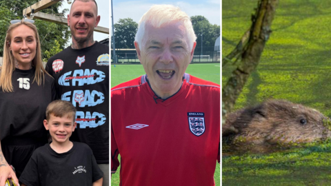 Three side-by-side images; on the left, a family wearing black t-shirts, in the middle, an older man with white hair stands on a football pitch wearing a red sports top with a football logo. On the right, a brown beaver swims through an algae-covered pond.