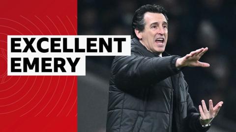 Unai Emery signals to his team in a long black coat with the caption, 'Excellent Emery', next to him.