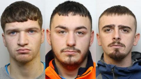 Police mugshots of Marshall Thomas, Brandon Carter and and Cameron Stevens who are young men with dark hair, while Carter and Stevens also have facial hair
