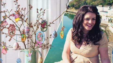 A picture of Amy Swann, with long dark hair and wearing a yellow summer dress, sitting on a ledge with the sea behind her, alongside an image of her Easter tree, which has twigs and branches coming out of a jug, with colourful decorations and baubles hanging from them.