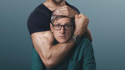 A promotional image taken in a studio shows Louis Theroux looking nervously into the camera as an anonymous man with a muscular frame pretends to hold him in a headlock. The man's bent elbow cradles Theroux's head as his bulging bicep pressing against the film-maker's ear.