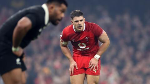 Joe Hawkins in the defensive line for Wales against New Zealand in Cardiff