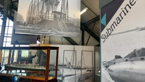 The exhibition at the Shipyard Gallery showing a model of a ship and images of a ship being built