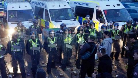 Police and protestors clashing in Southampton during a protest following the death of Henry Nowak.